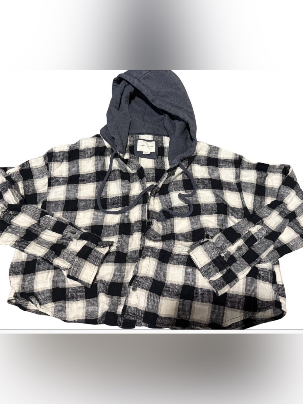 American Eagle Outfitters Black & White Plaid Hooded Flannel Shirt Button Jacket